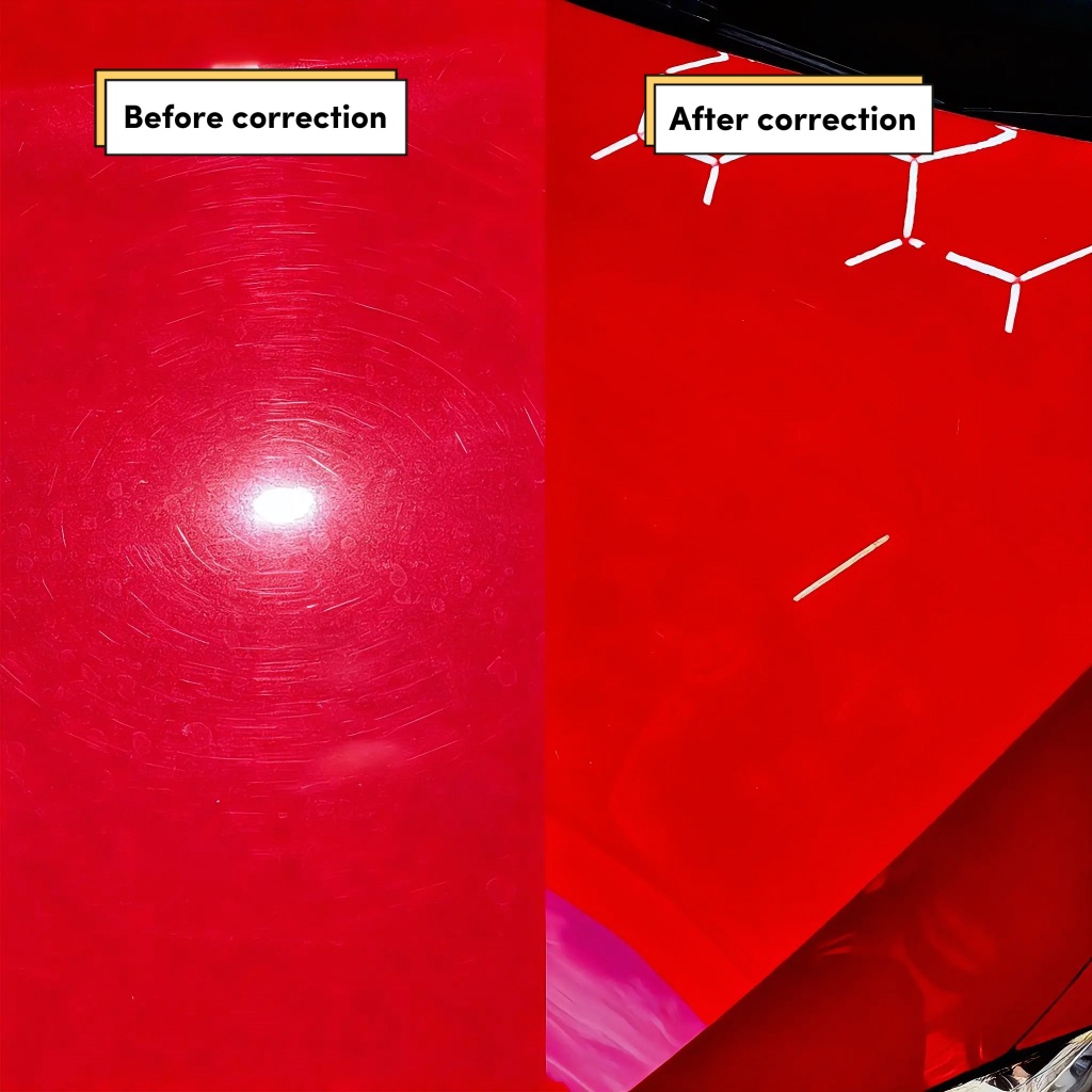 Red paint before and after — heavy swirl marring corrected under the same inspection lighting