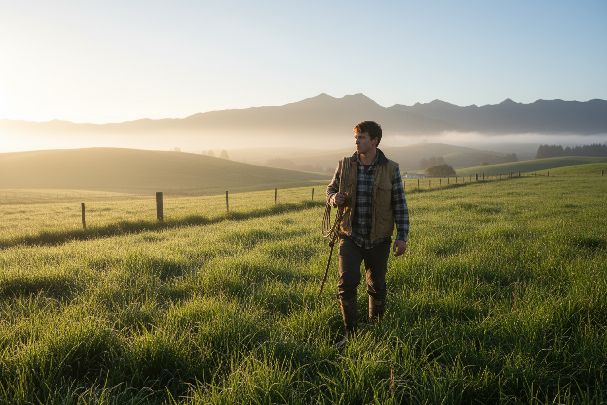 Young farmer walking through paddock at dawn