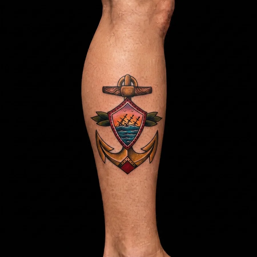 Anchor & Shield traditional flash shown tattooed on a calf
