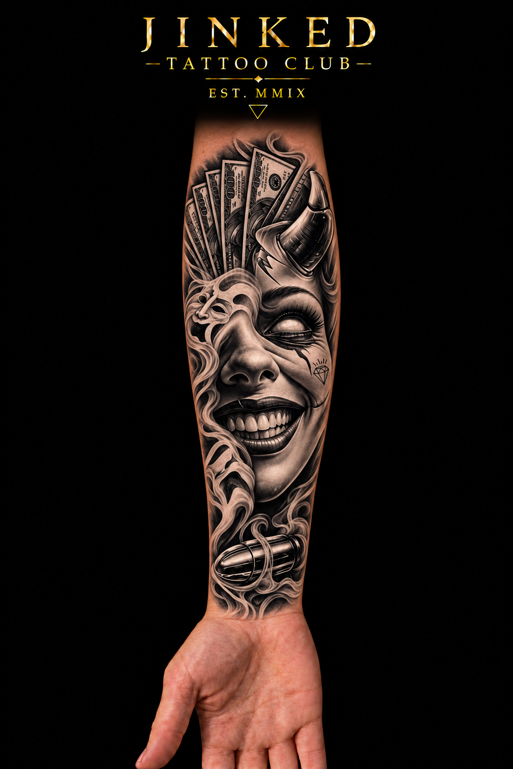 Fortune Devil forearm tattoo — one of the eighteeneen £500 set pieces