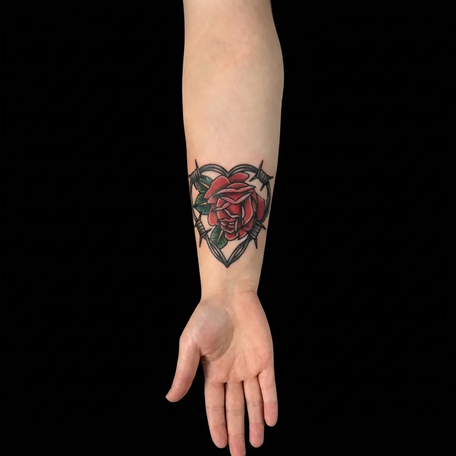 Barbed Heart flash tattoo shown on skin