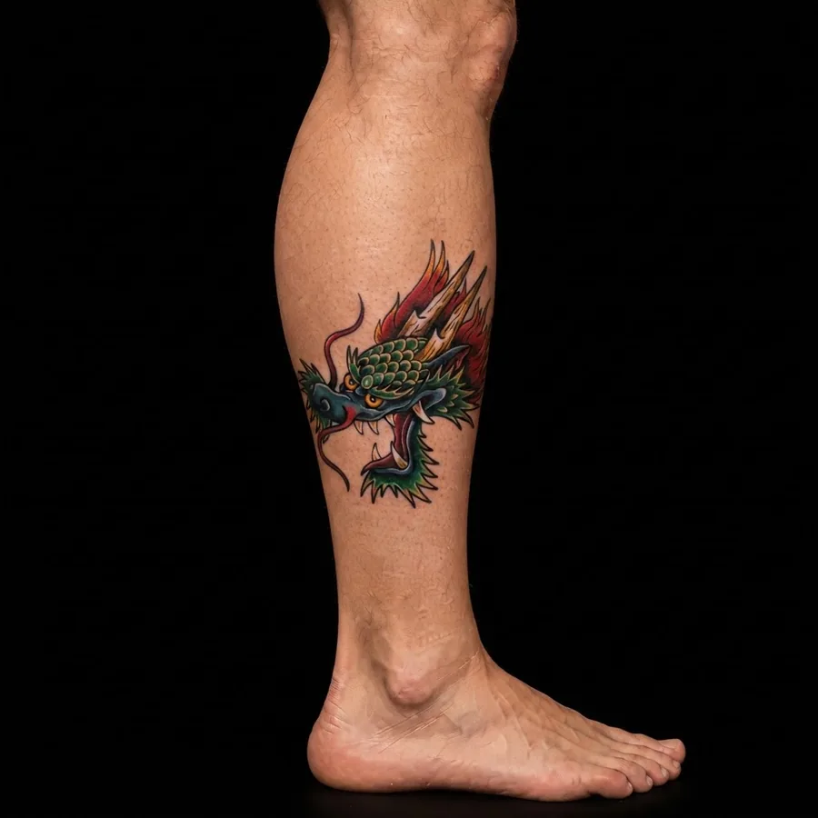 Jade Dragon traditional flash shown tattooed on a calf