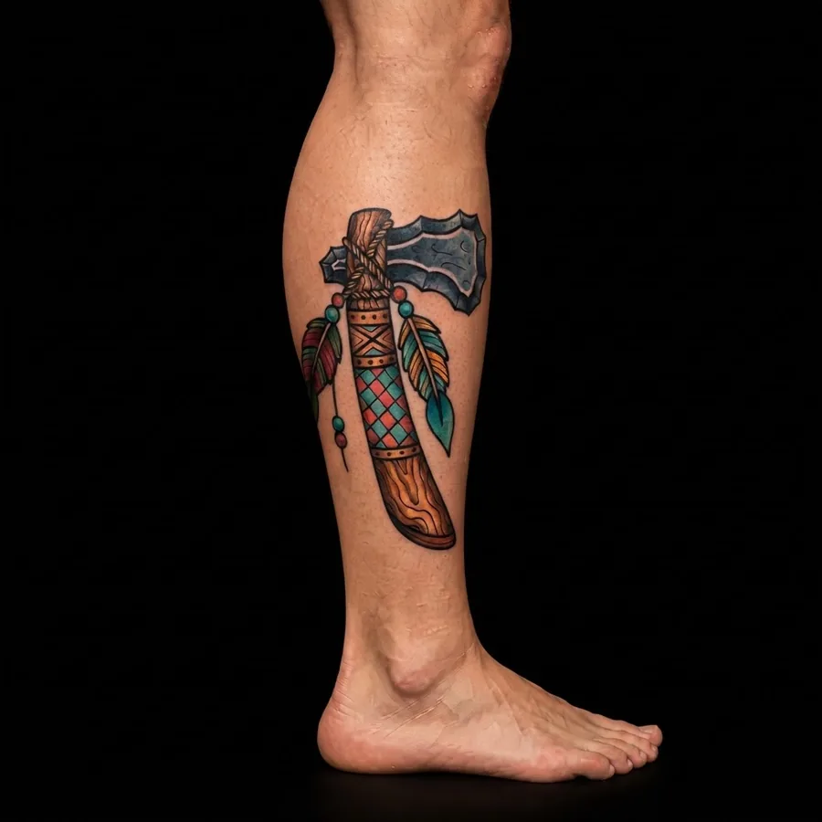 Feathered Axe traditional flash shown tattooed on a calf