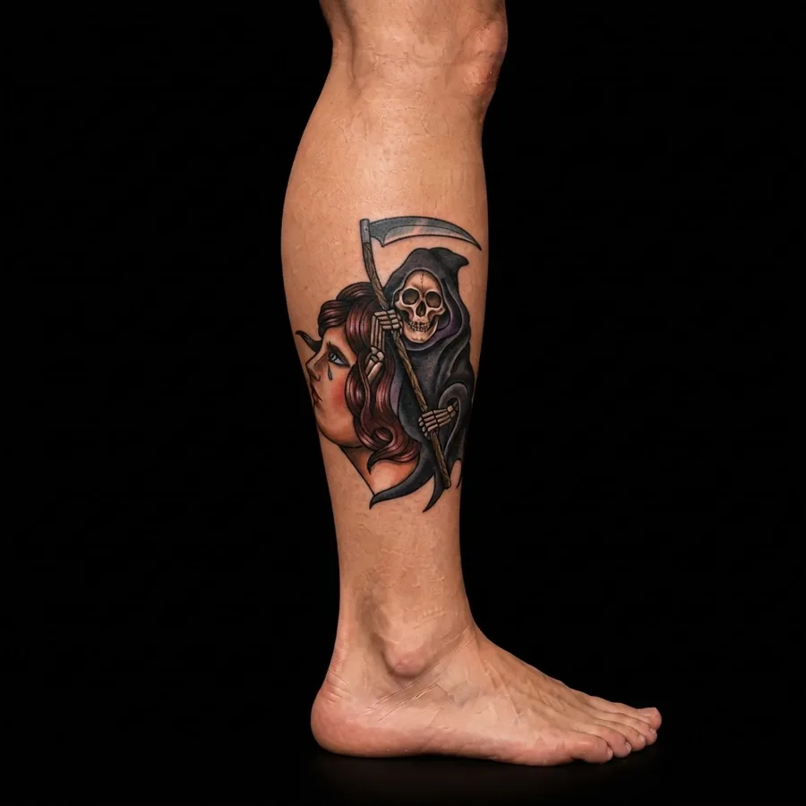 Reaper's Kiss flash tattoo shown on skin