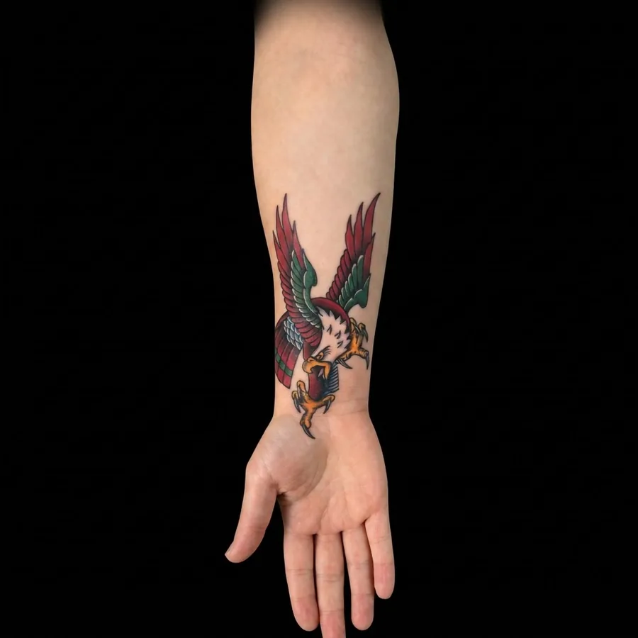 Crimson Eagle flash tattoo shown on skin