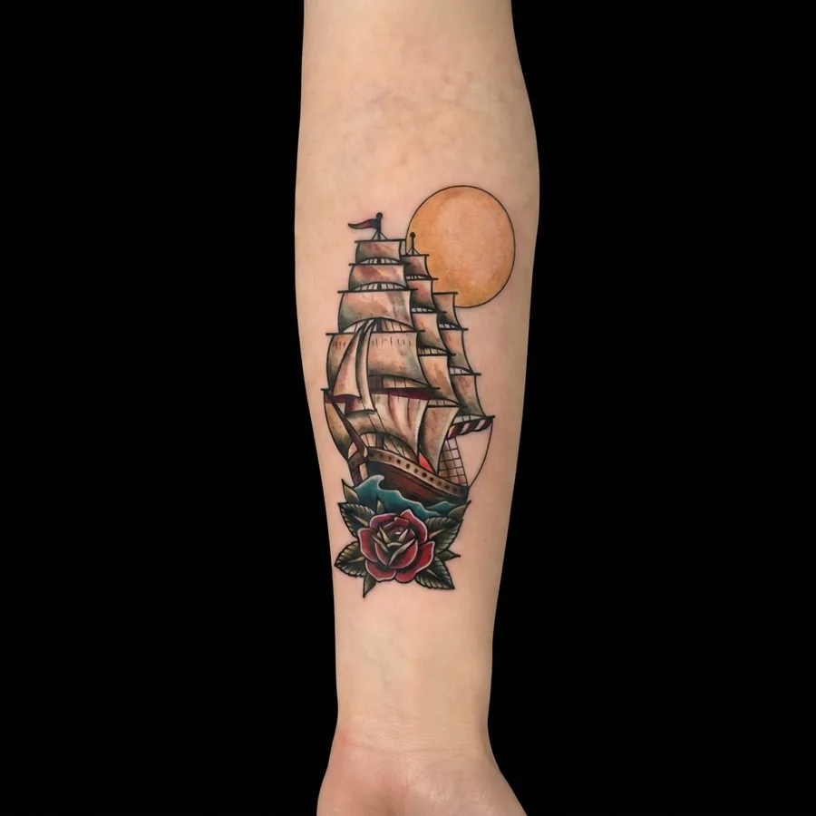 Clipper & Rose flash tattoo shown on skin