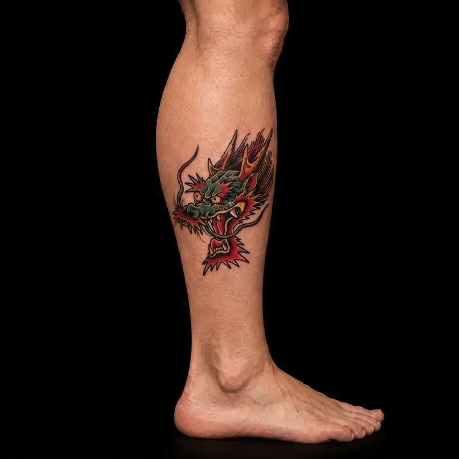 Fire Dragon traditional flash shown tattooed on a calf