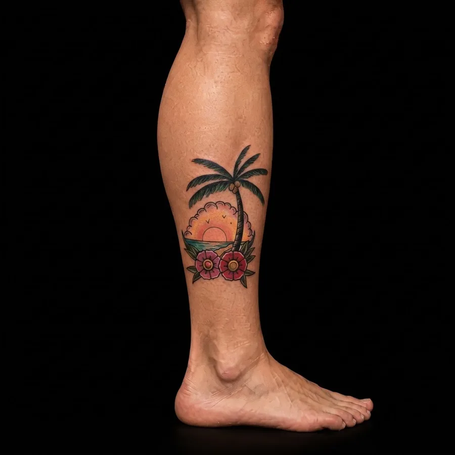 Paradise Sunset flash tattoo shown on skin