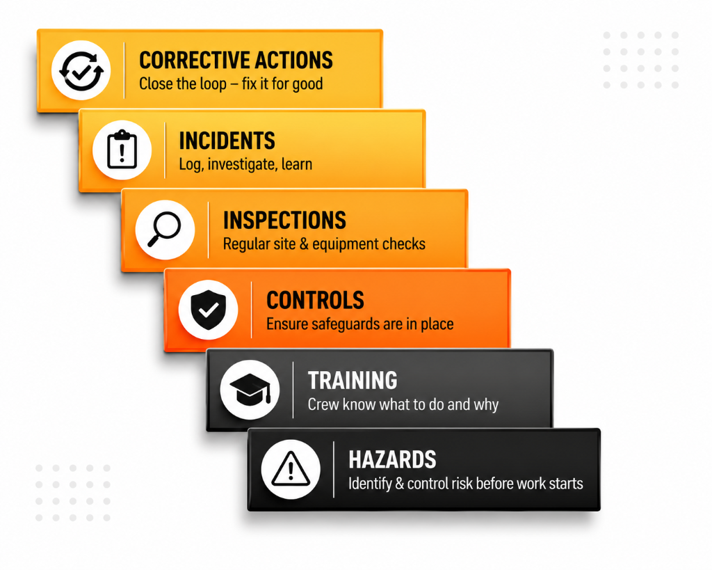 Safety blueprint showing Corrective Actions, Incidents, Inspections, Training, and Hazards