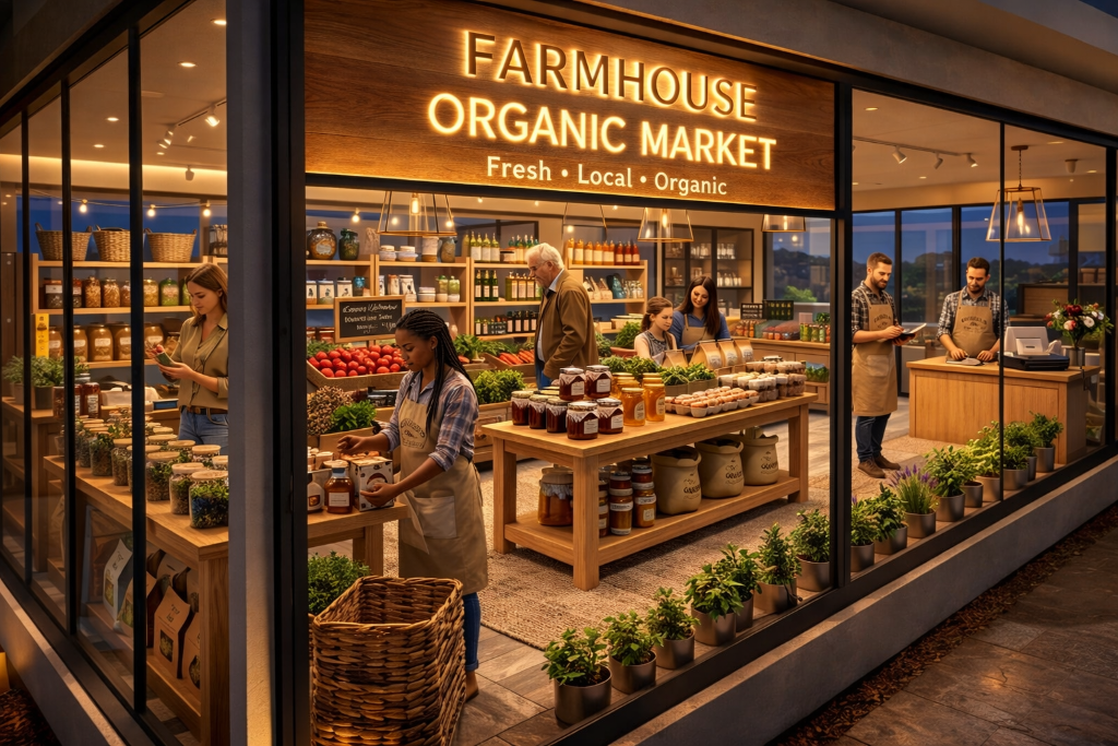 Farmhouse Organic Market storefront with fresh local organic produce