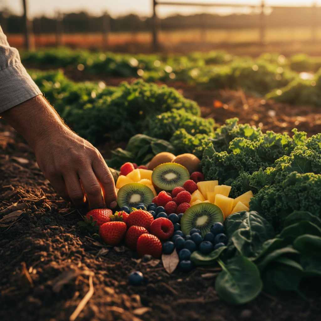 Farmhouse Organic — people working in organic farm field with greenhouse and fresh produce