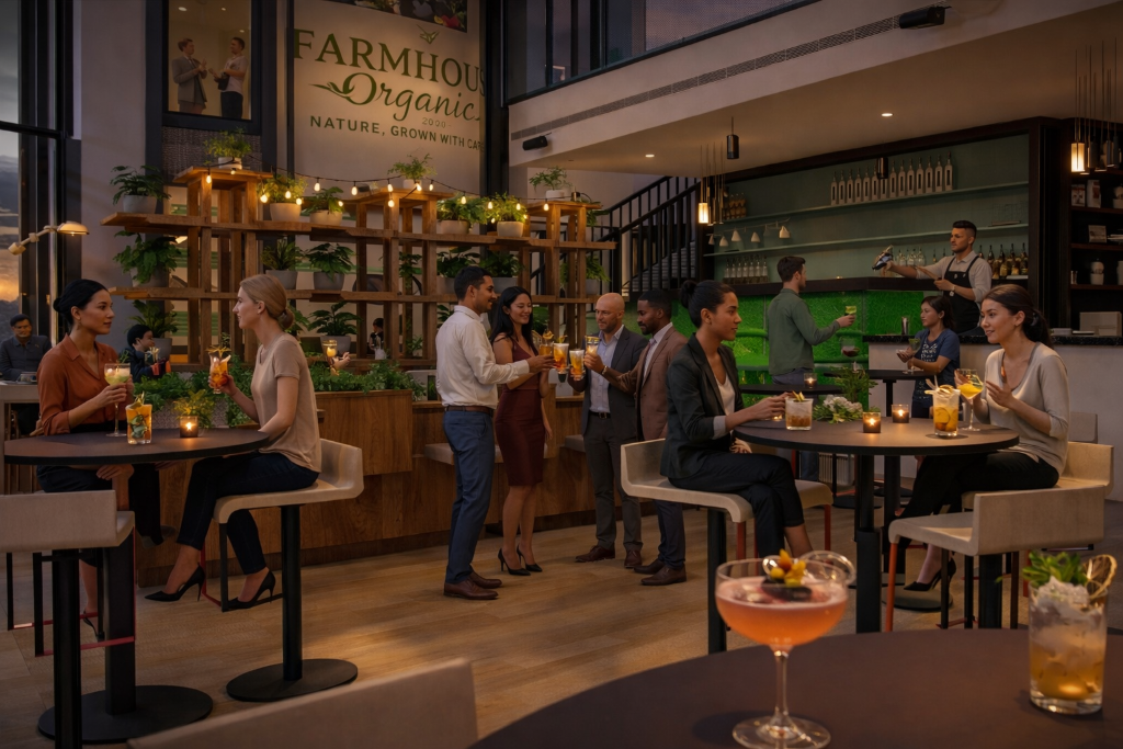 Farmhouse Organic cocktail lounge with guests socializing at night