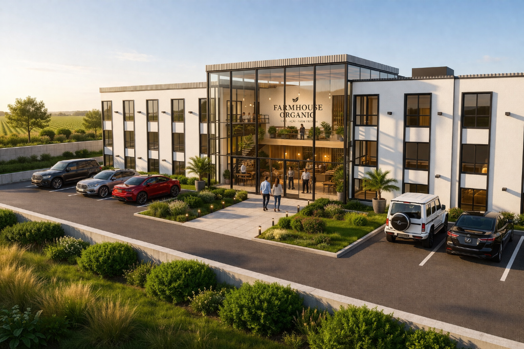 Farmhouse Organic campus building exterior with glass atrium at golden hour