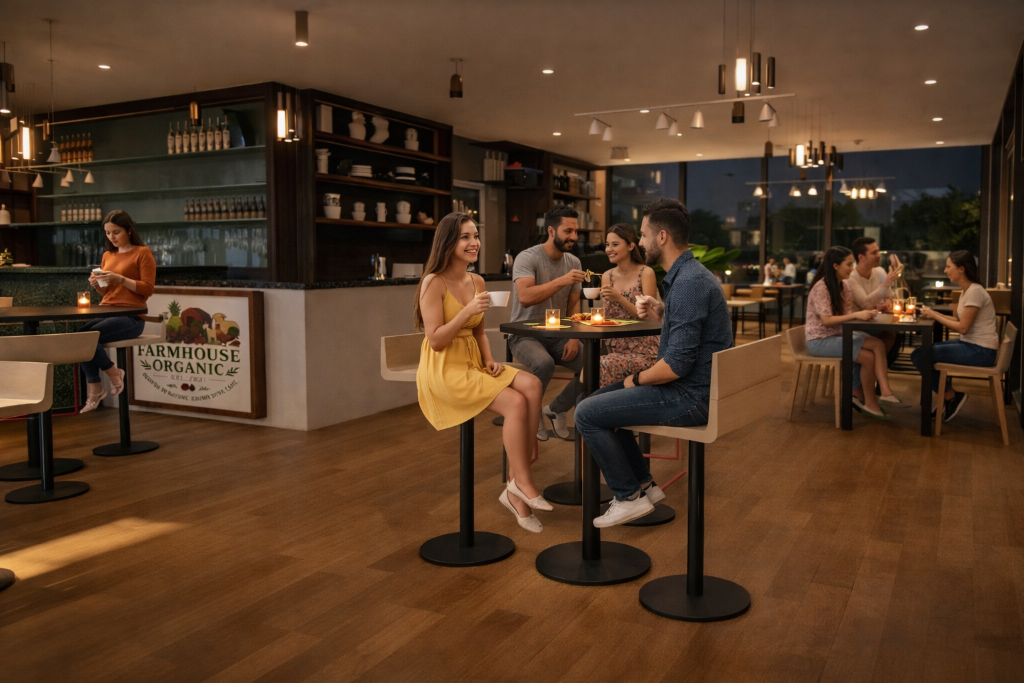 Farmhouse Organic café interior at evening with guests at the bar