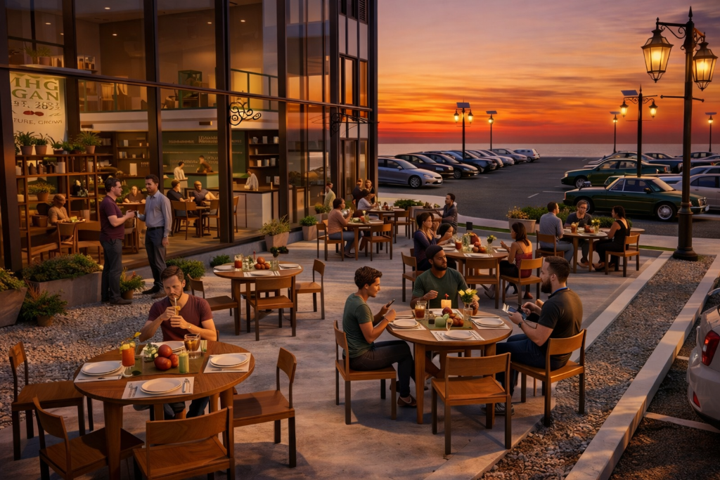 Farmhouse Organic outdoor terrace dining at sunset with guests