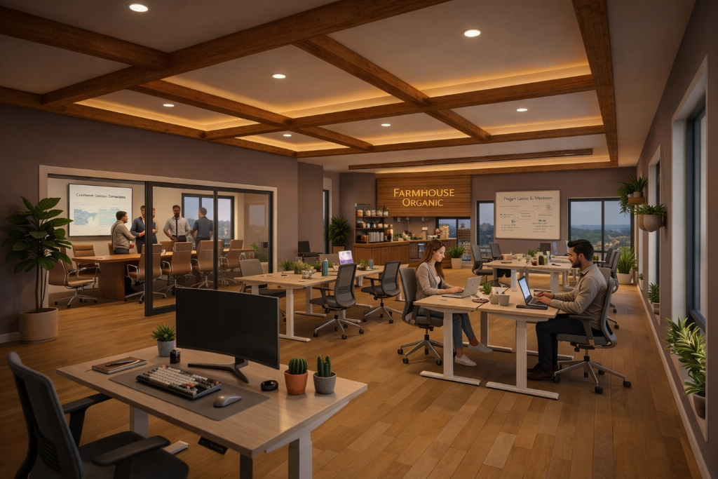 Farmhouse Organic co-working space with standing desks