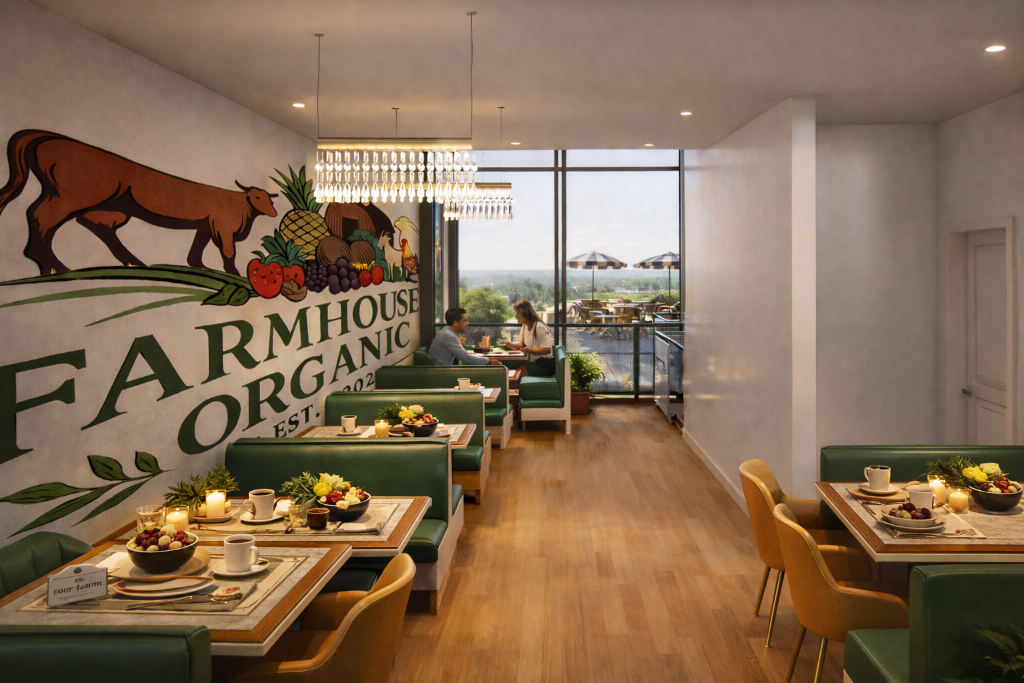Farmhouse Organic dining room with mural wall, green booths and farm view