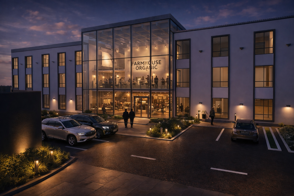 Farmhouse Organic campus building illuminated at night with glass atrium glow