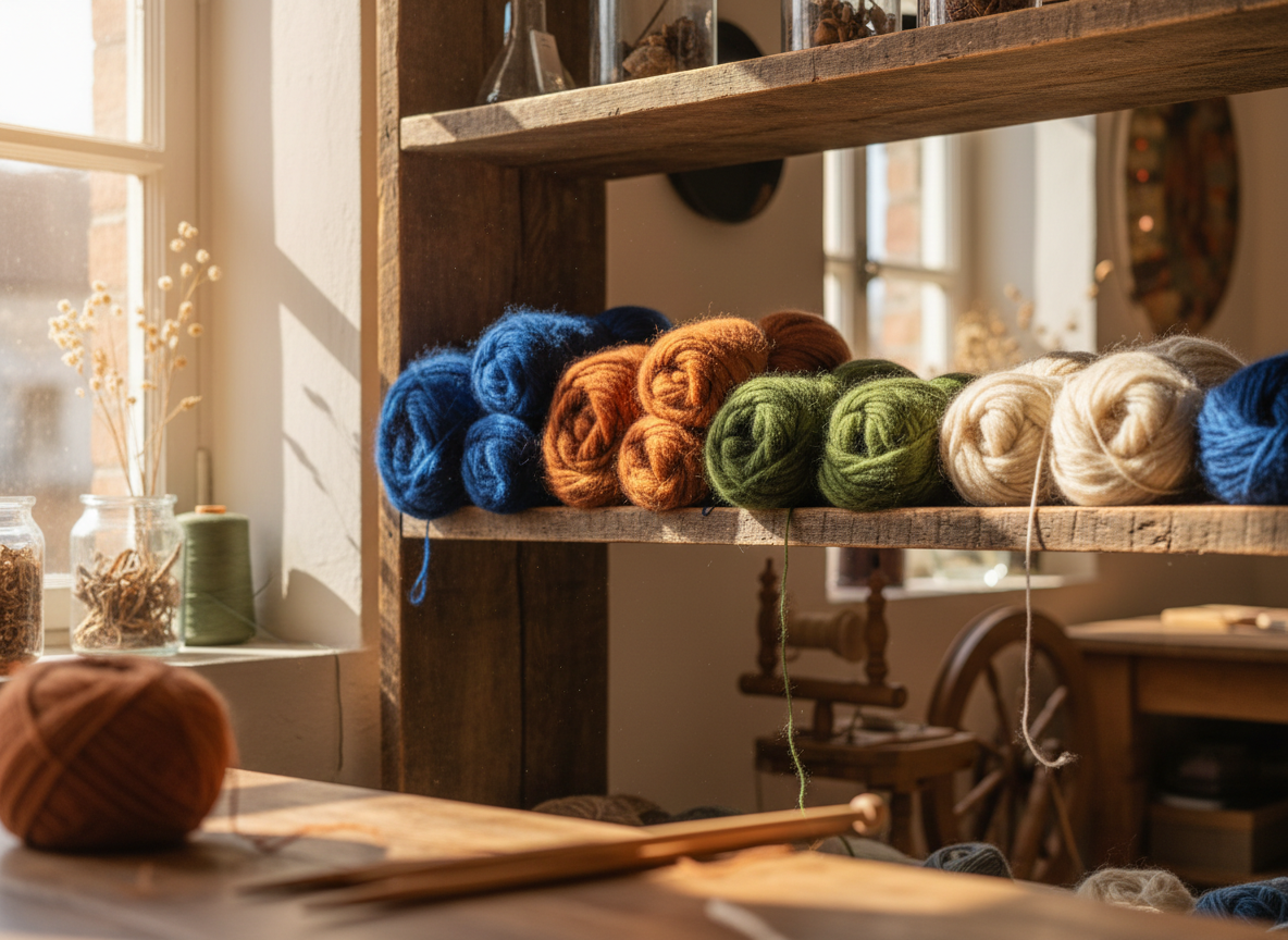 Raw wool skeins in beautiful colors on a wooden shelf