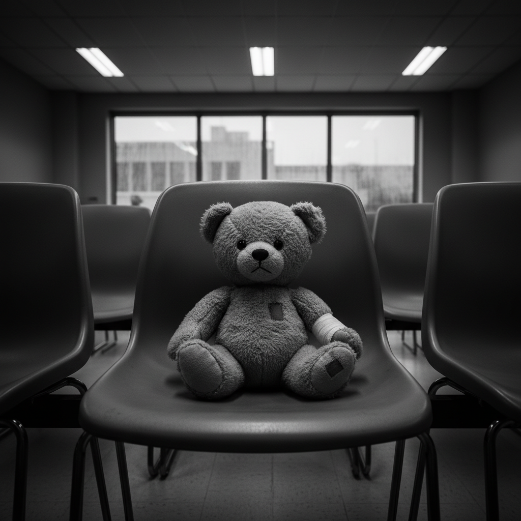 A small, worn teddy bear sits alone in a waiting room chair