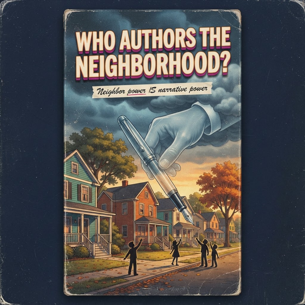 Who Authors the Neighborhood? VHS cover: a giant fountain pen lifted out of a sunlit neighborhood by an institutional hand reaching down from grey clouds, neighbors reaching up from the sidewalk below.