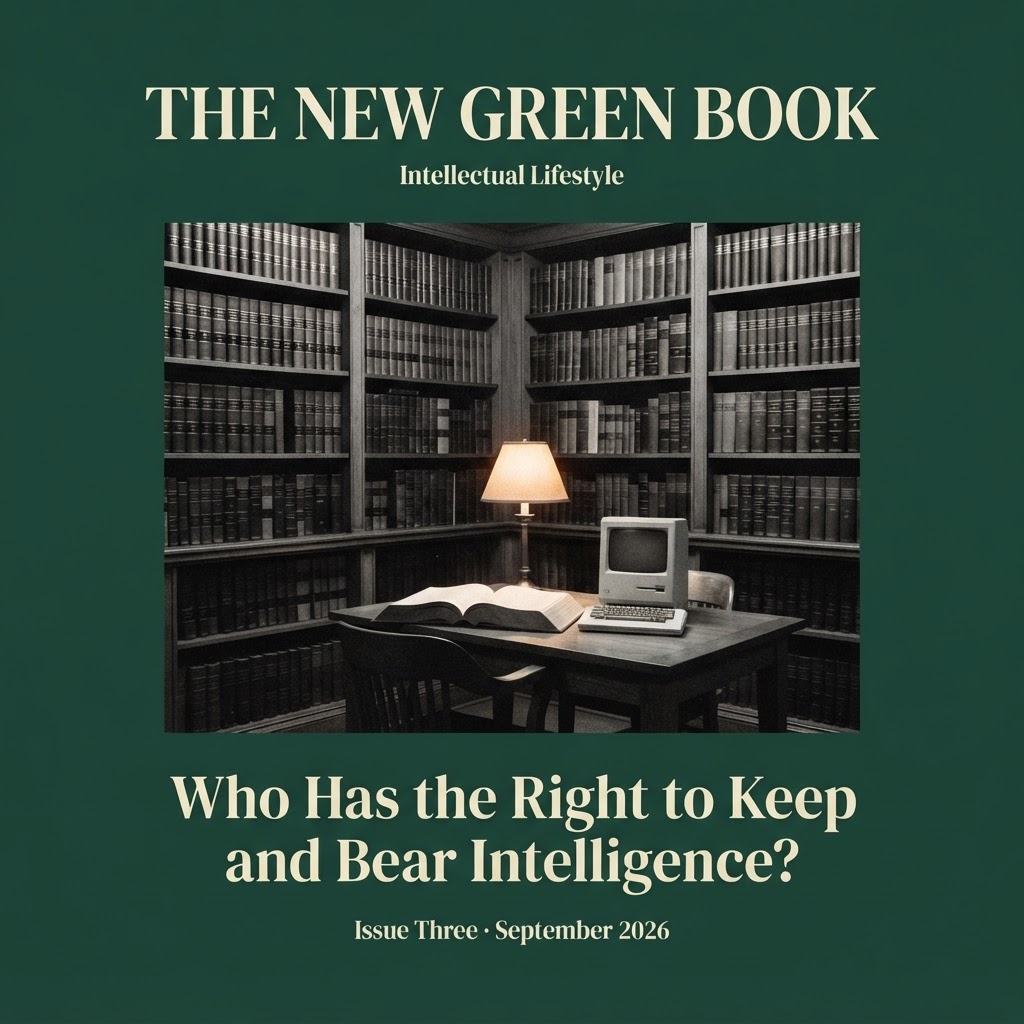 The New Green Book, Intellectual Lifestyle. Issue Three, September 2026. Who Has the Right to Keep and Bear Intelligence? Cover photograph of an old law library reading room with a lamp over an open book.
