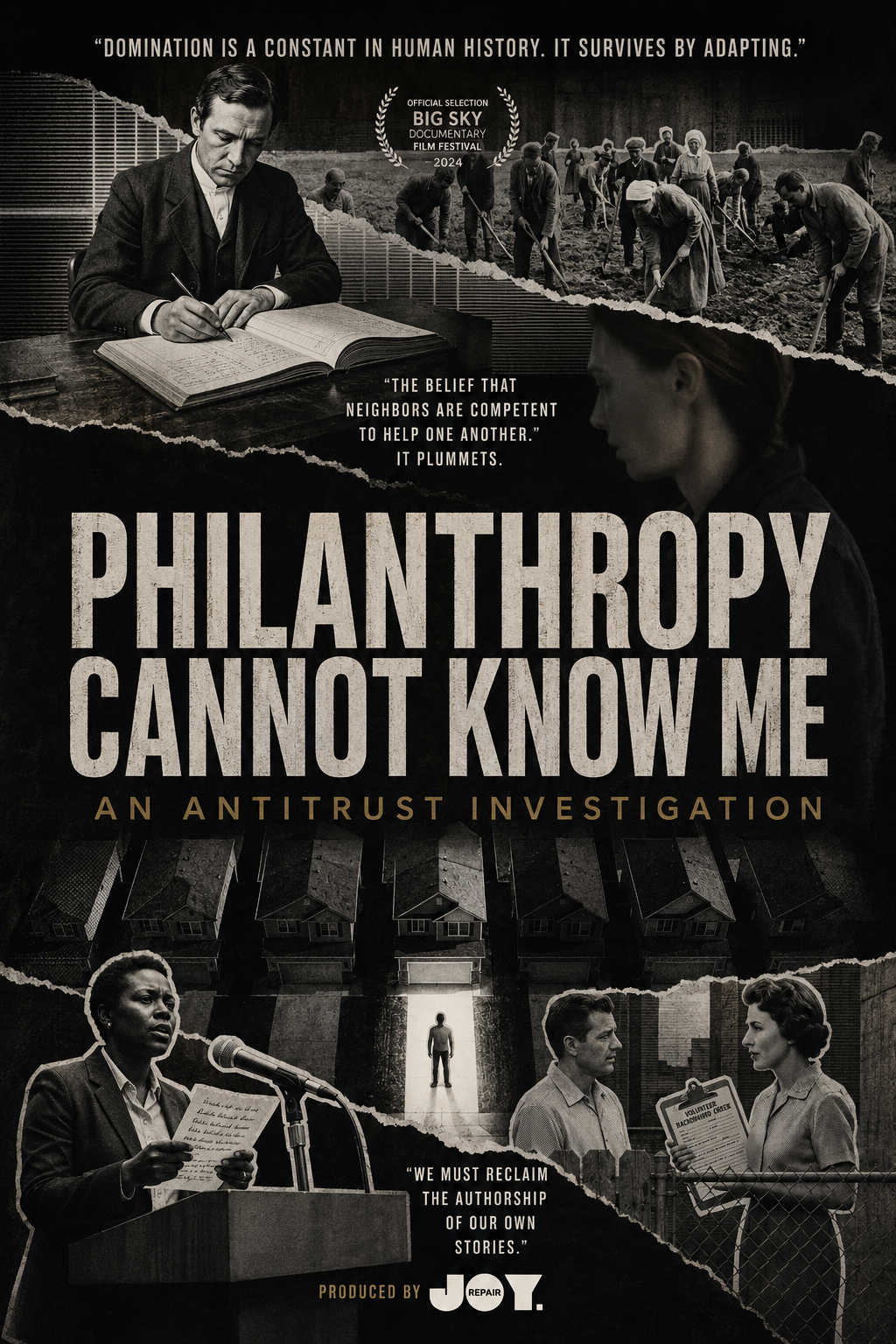 Philanthropy Cannot Know Me film poster: torn black-and-white archival collage.
