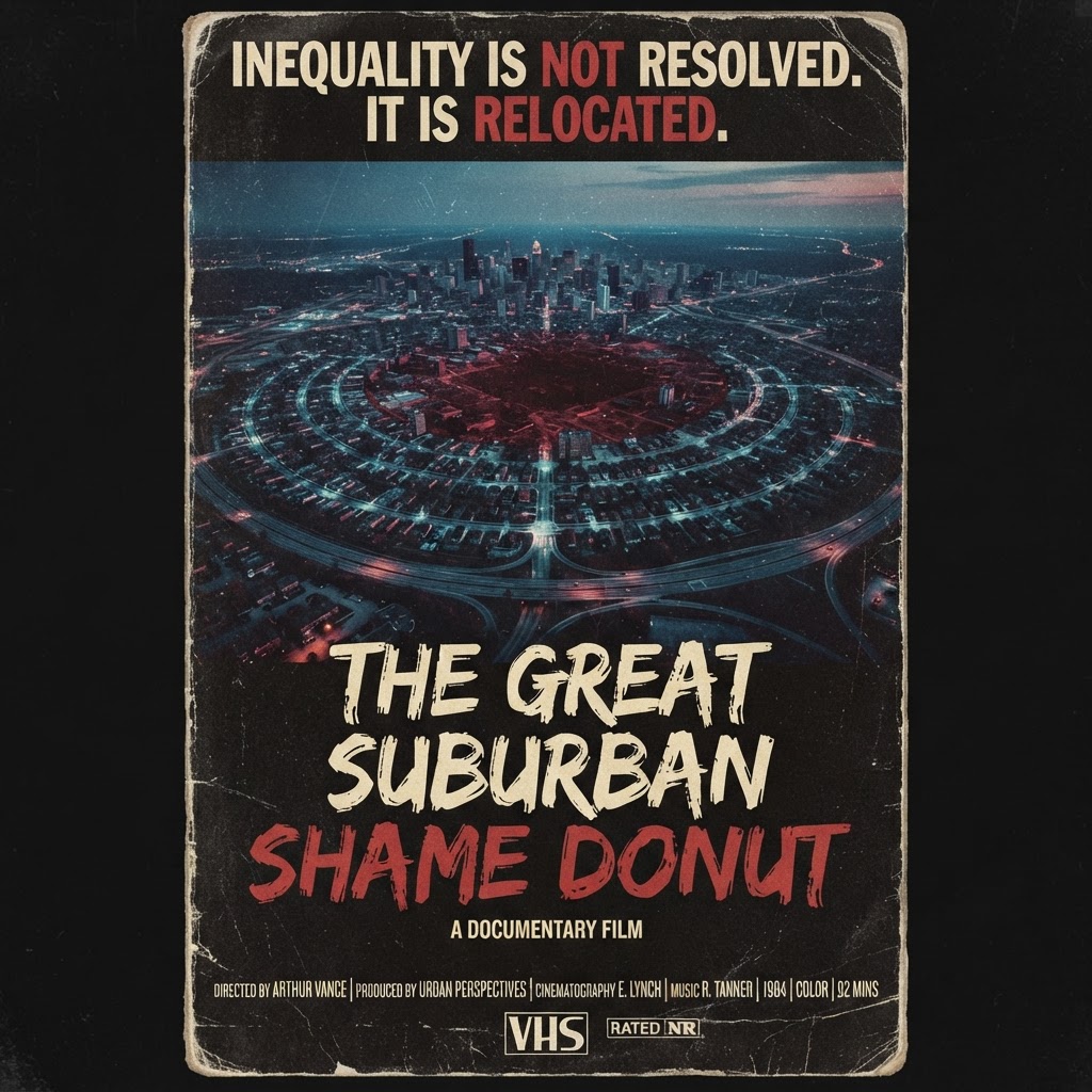The Great Suburban Shame Donut one-sheet: an aerial view of glowing suburban rings circling a dark city center like a donut at dusk. Inequality is not resolved. It is relocated.