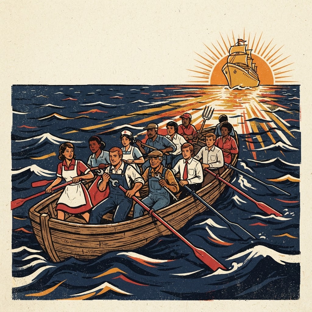 Screenprint poster of a crowded rowboat of working people rowing together toward a golden ship on the horizon at dawn.