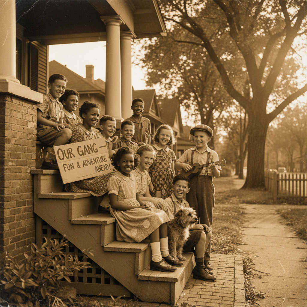 Neighborhood kids on front porch steps — 525,600 minutes