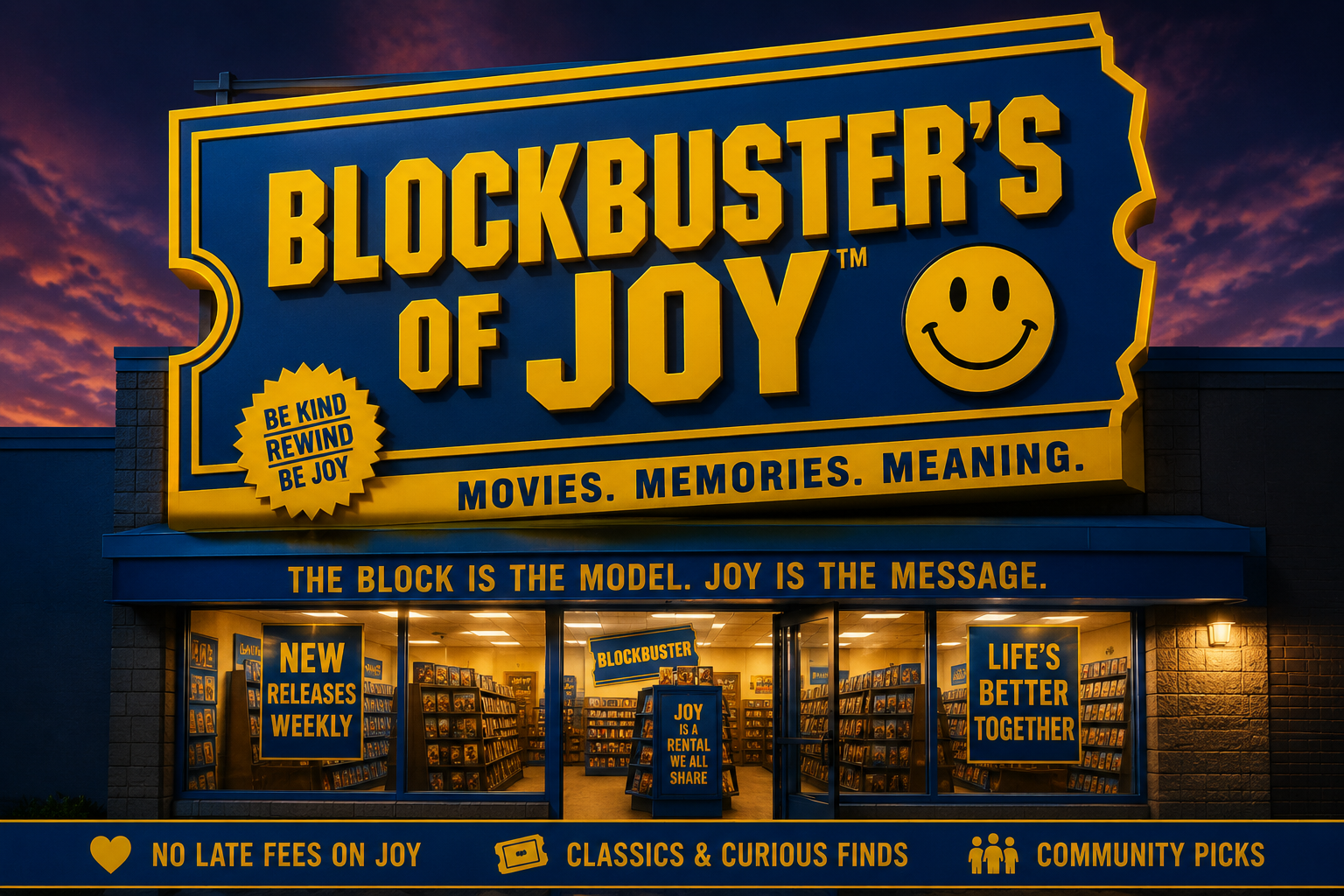 Blockbuster's of Joy storefront at dusk — Movies. Memories. Meaning.