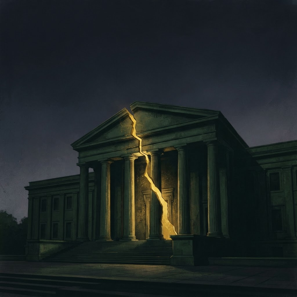 A civic building whose crack is filled with luminous gold