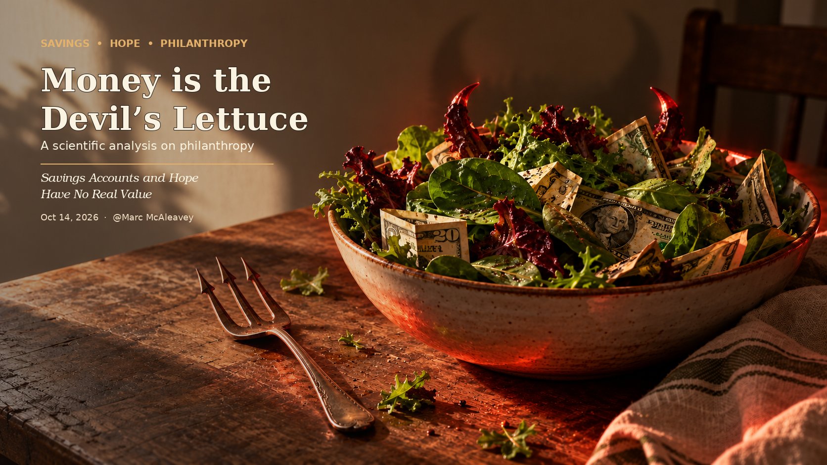 A rustic bowl of red and green lettuce mixed with folded dollar bills, two leaves curling like devil horns, beside a pitchfork-shaped fork on a wooden table.