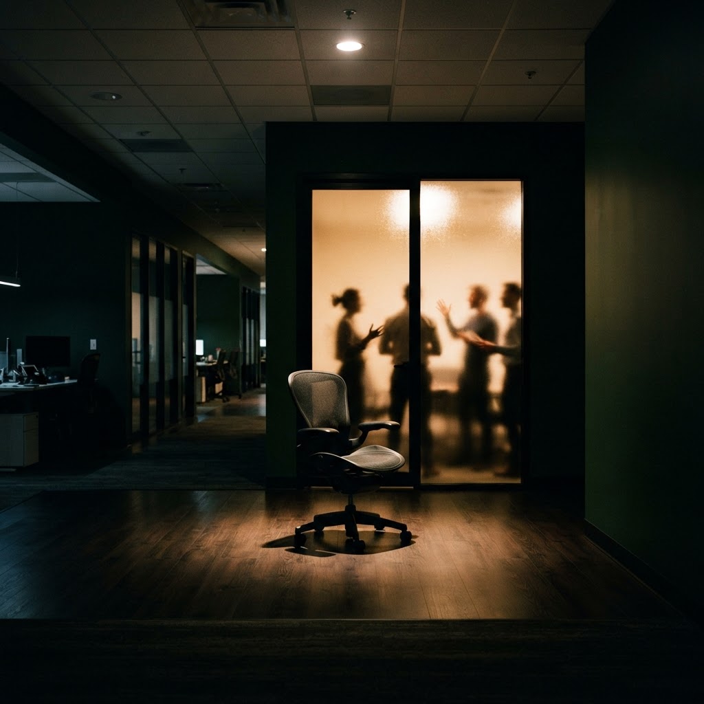 An empty chair under a spotlight in a dark office corridor, with silhouettes talking behind frosted glass.