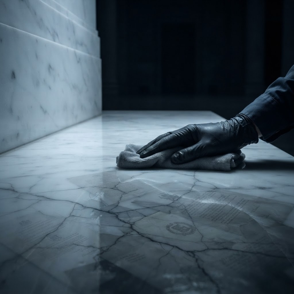 A gloved hand polishing a pristine marble facade whose reflection reveals cracks and documents beneath