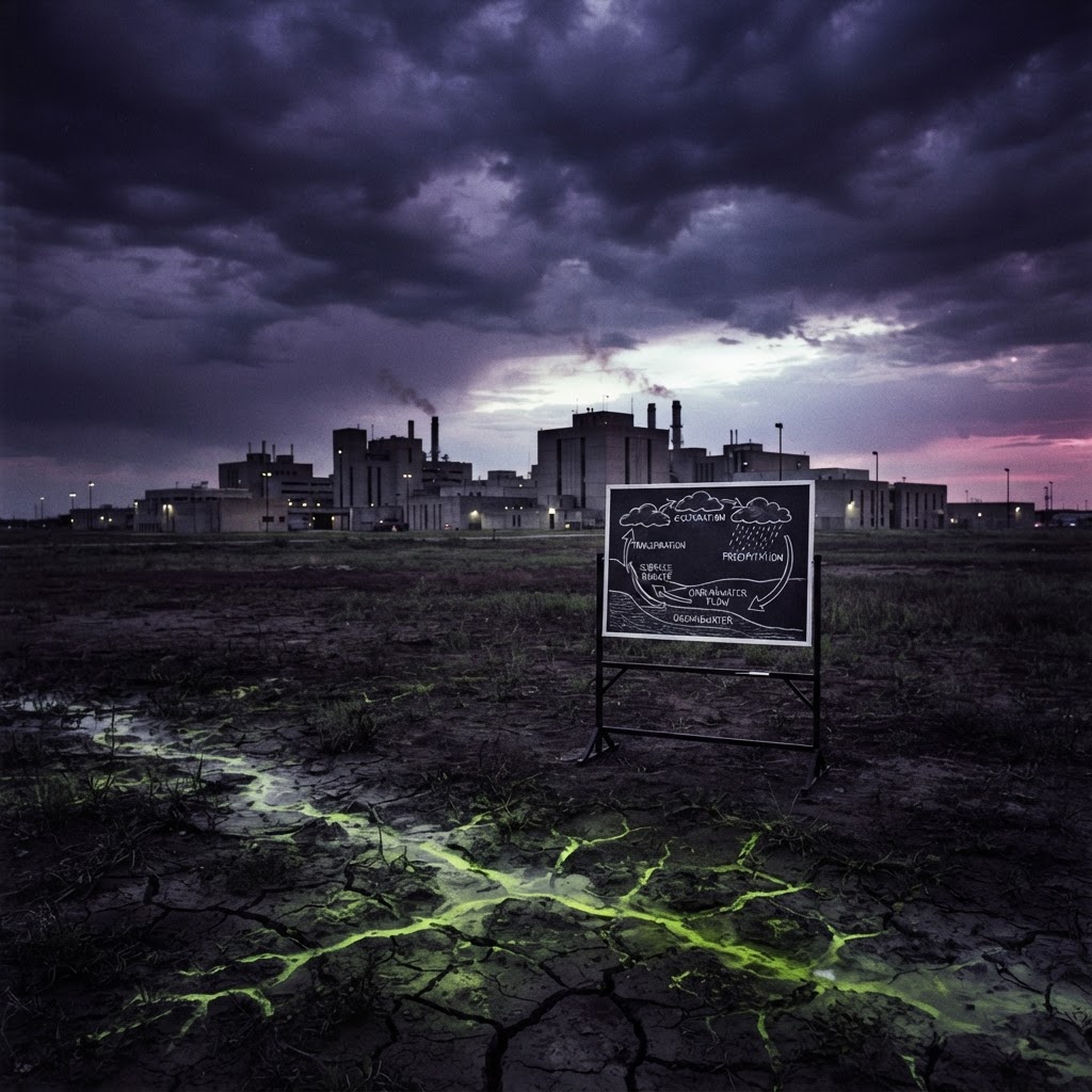 Cracked earth revealing glowing contaminated groundwater beneath a lone chalkboard teaching the water cycle