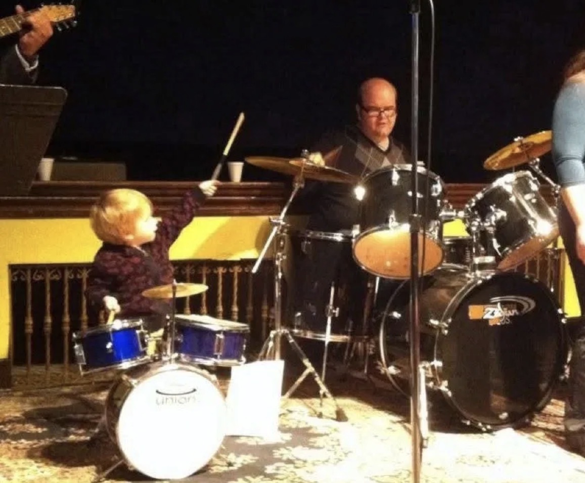 My son on the small kit at Broadway, about fifteen years ago. You hand a kid sticks and a place to sit and the rest takes care of itself.