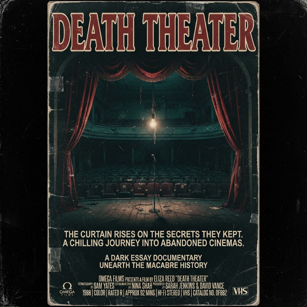 Death Theater one-sheet: red velvet curtains half-open onto an empty spotlit stage.