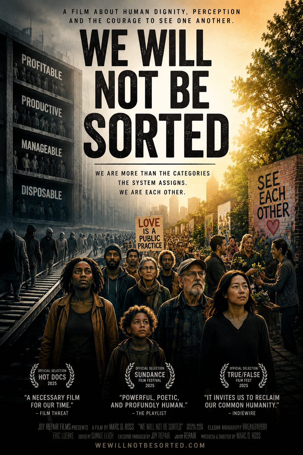 We Will Not Be Sorted film poster: neighbors walk out of a grey sorting facility into golden light.