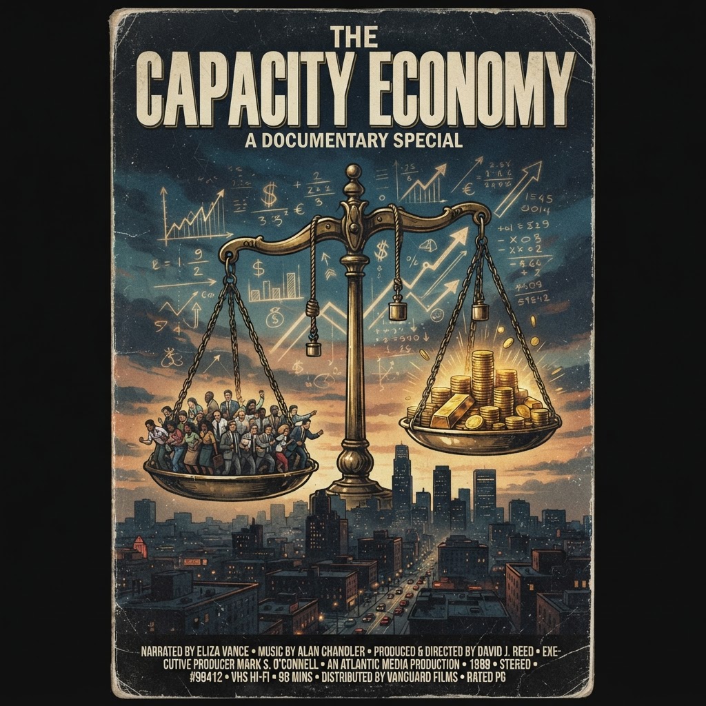 The Capacity Economy one-sheet: a brass balance scale weighing human figures against gold coins over a city skyline.
