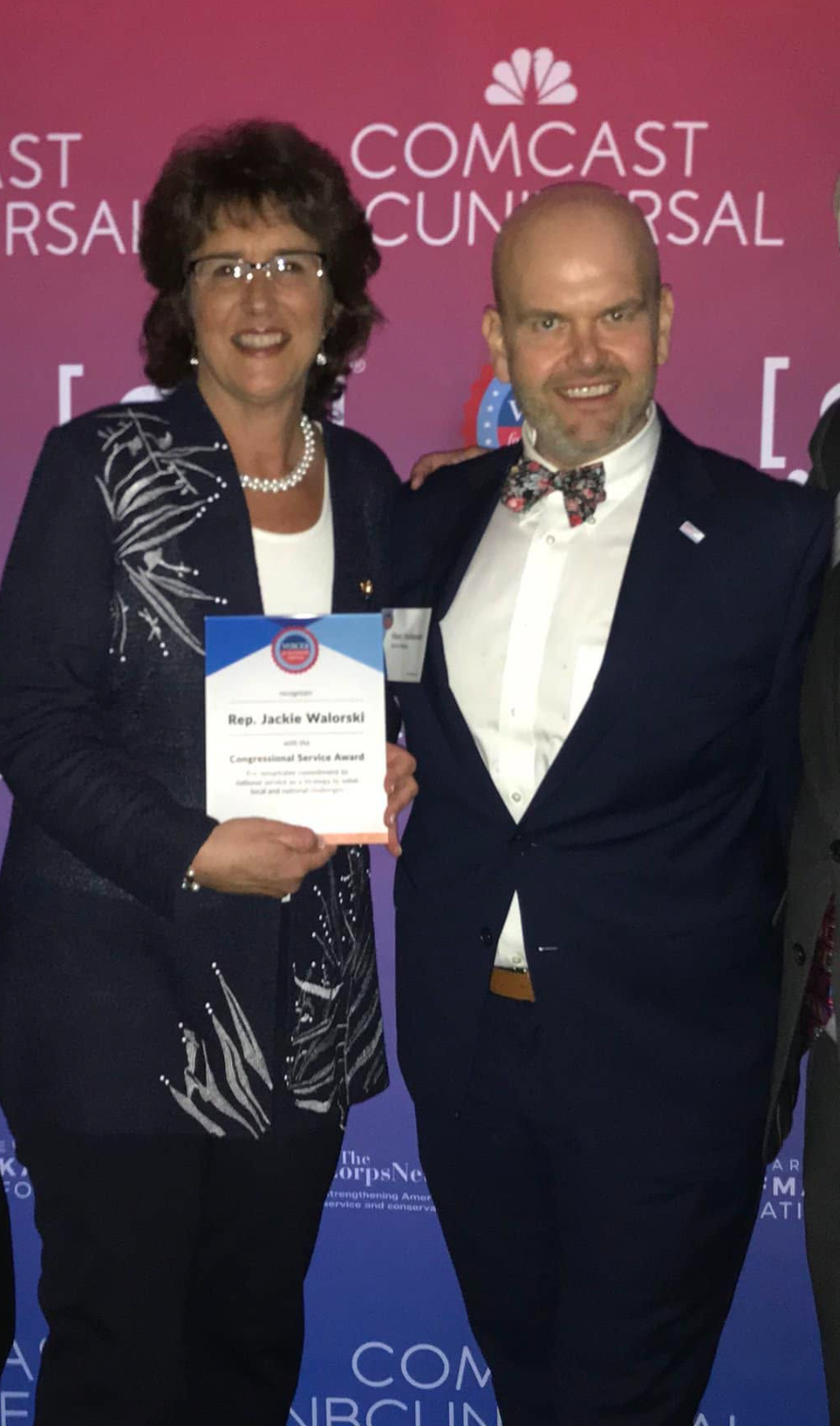 Rep. Jackie Walorski holds a Congressional Service Award beside Marc McAleavey