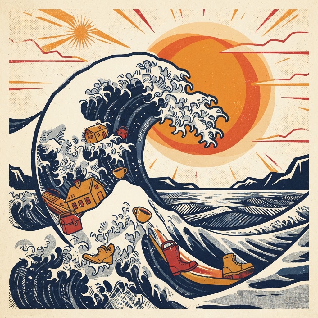 Screenprint poster of a great wave turning like a wheel, carrying houses, lunch pails, and work boots toward the sun.