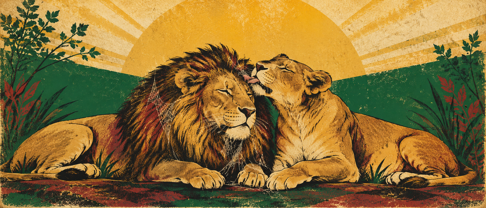 Two lions resting together while one gently grooms strands of spiderweb from the other lion’s mane.