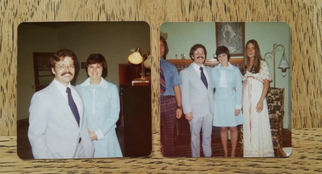 Two square snapshots of a young couple in powder blue, side by side on a wood table
