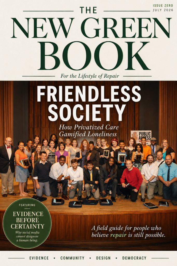The New Green Book, Issue Zero, July 2026. Friendless Society: How Privatized Care Gamified Loneliness.