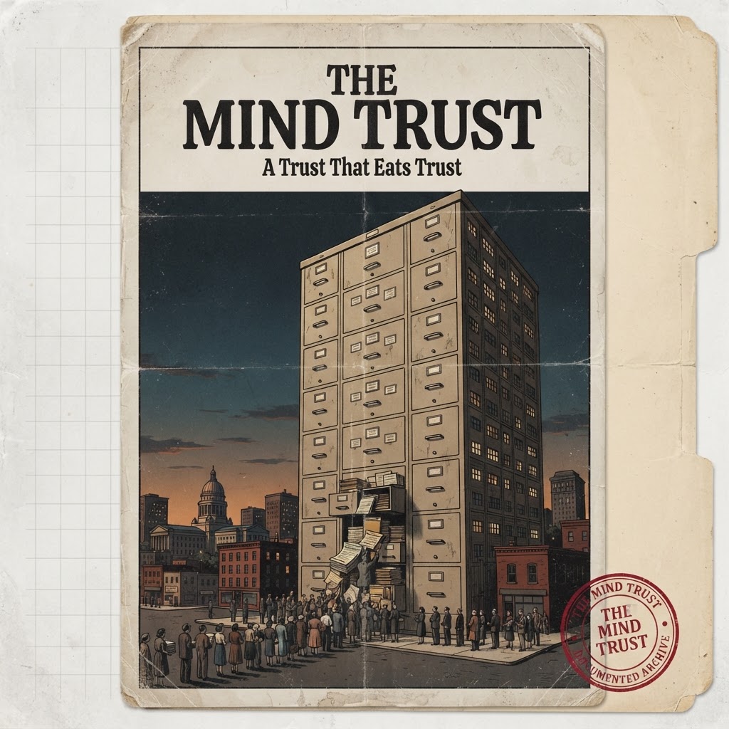 The Mind Trust one-sheet: a monumental filing cabinet towers over a small Midwestern skyline at dusk while tiny figures hand paperwork upward. A Trust That Eats Trust.