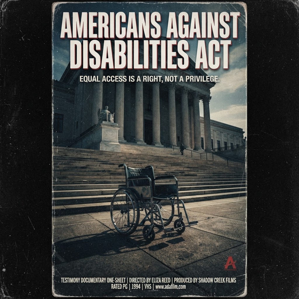 Americans Against Disabilities Act one-sheet: an empty wheelchair at the bottom of a long concrete staircase outside a columned government building.