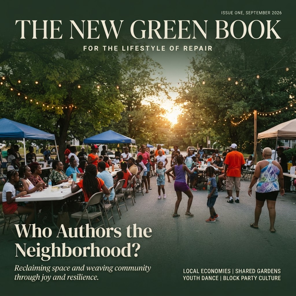 The New Green Book, For the Lifestyle of Repair. Issue One, September 2026. Who Authors the Neighborhood? Cover photograph of a summer block party.