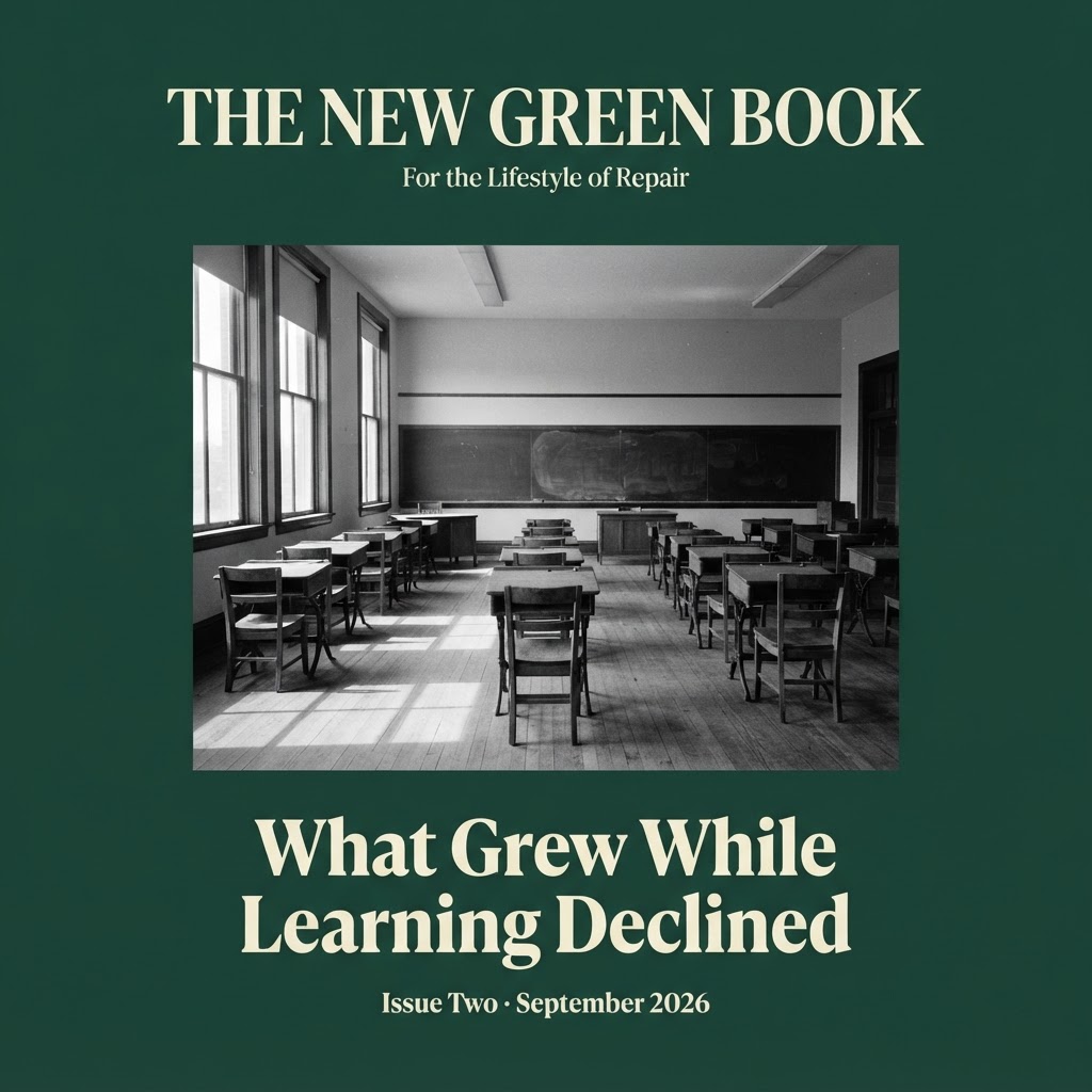 The New Green Book, For the Lifestyle of Repair. Issue Two, September 2026. What Grew While Learning Declined. Cover photograph of an empty classroom with rows of wooden desks.
