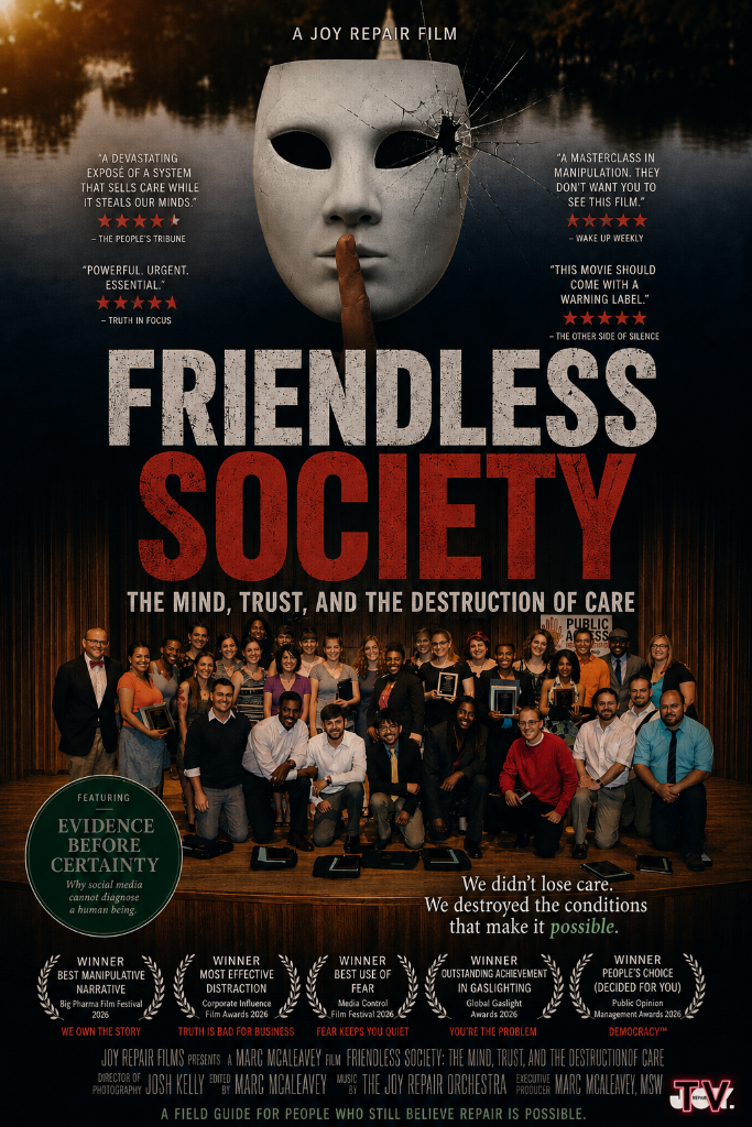 Friendless Society film poster: a cracked porcelain mask holds a finger to its lips.